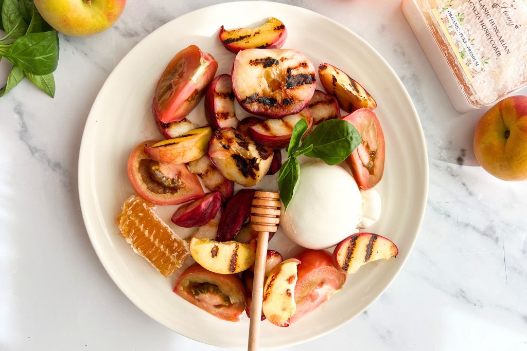Grilled Peach, Tomato & Burrata Salad with Honeycomb and Basil