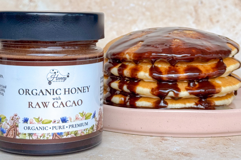 Fluffy Pancakes Drizzled with Organic Honey with Raw Cacao