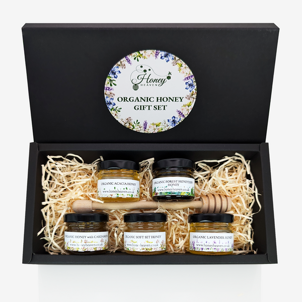 Organic Honey Gift Set Of 5 40g Mini Jars With Wooden Drizzler